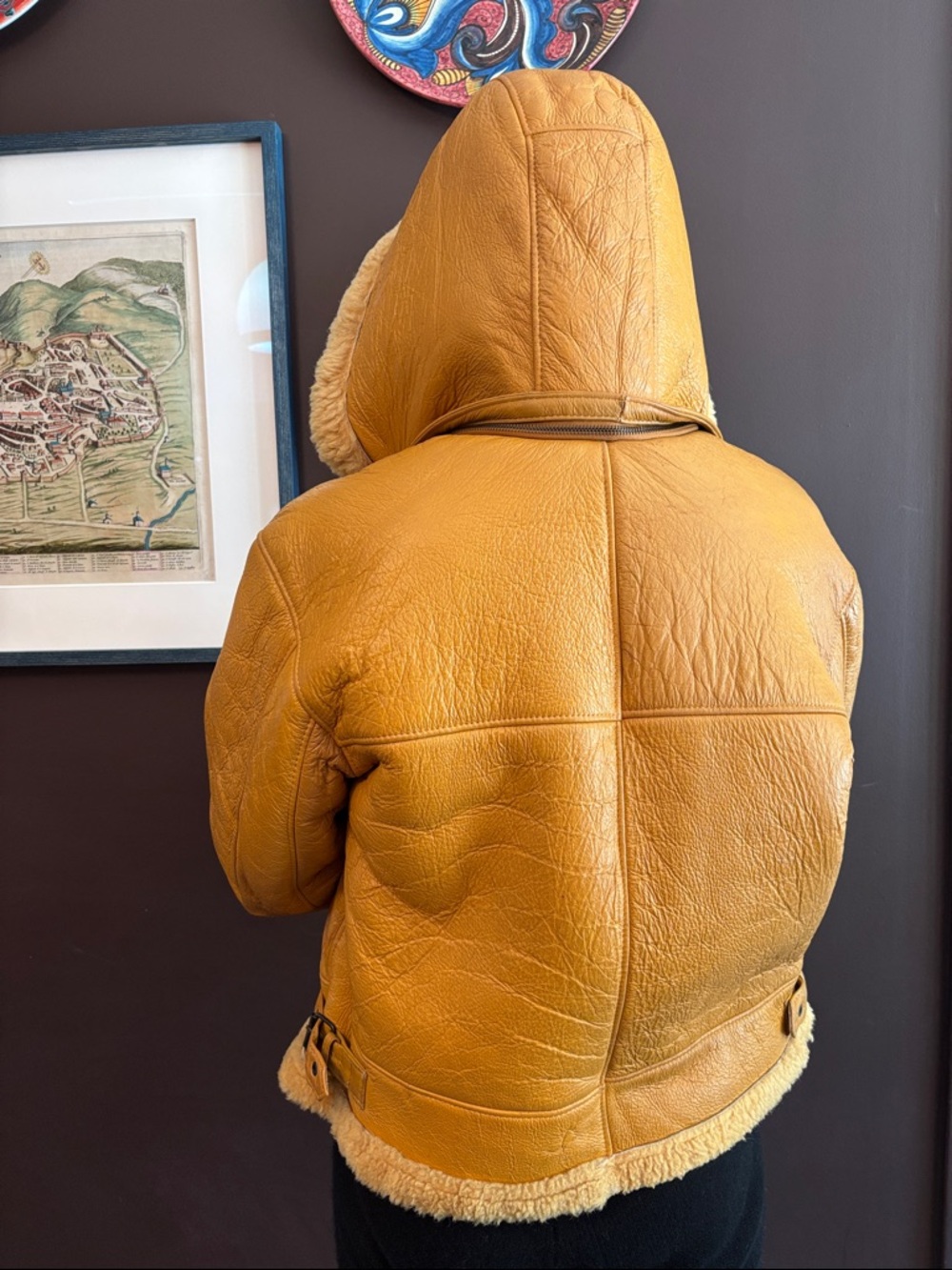 Mustard Shearling-Lined Leather Hooded Jacket - Picture 2 of 7